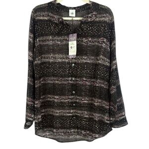Cabi Crochet Print Black Brown and Cream Buttoned Sheer Paris Blouse Size Large
